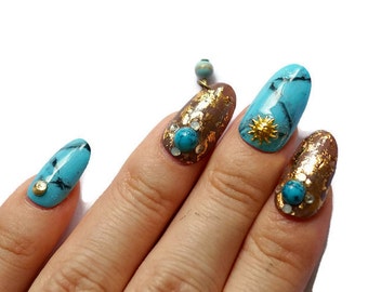 Turquoise nails, summer nails, turquoise stone nails, marble nails, granite nails, foil nails, nail foil, nail dangling, moon, sun, ethnic