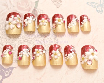 Christmas nails, Japanese 3D nails, kawaii nail, lolita accessory, red, gold, pretty nail, festive nails, waloli, sakura, cherry blossom,