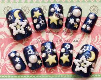 Galaxy, milky way, star nails, 3D nails, star, moon, navy, blue nail, kawaii nail, pearl, lolita accessory, lolita fashion, Harajuku, decora