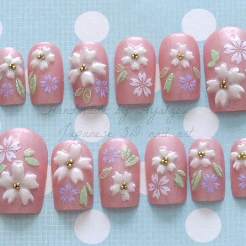 Japanese 3D nails, pink, sakura, cherry blossom, kawaii, flower, fairy kei, sweet lolita, lolita accessory, deco nail, Japanese nail,