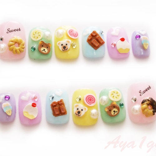 Fairy kei, donut nail art, kawaii nail, nail decal, sweet lolita, lolita nails, 3D nails, party nail art, Japanese 3D nails, short nails