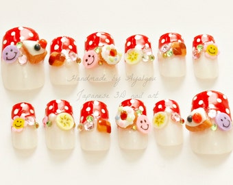 Pop kei, Harajuku fashion, novelty, nail set, 3D nails, red nail, kawaii nail, cute nail, polka dot, donut, fake sweet, decora, fake food