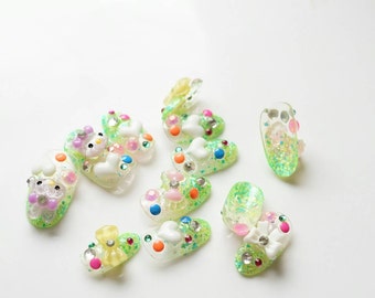 Press on nails, fake nails, neon color, festive nails, holiday nails, Christmas nail, bunny, Harajuku, Japanese 3D nail, kawaii, glittery