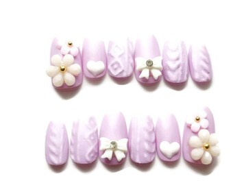 Sweater nails, matt nails, lilac nails, winter nails, bow, knit nail, Japanese 3D nail, nail art, pastel nails, fairy kei, Harajuku,