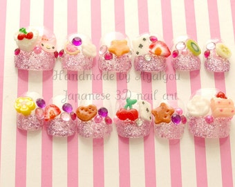 Nails, fake nails, kawaii nails, 3D nails, fake sweets, Harajuku, gift for girl, glittery, french nail, short nails, pop kei, sweet lolita,