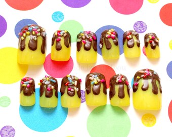 Pudding nail, chocolate nail, dripping choco, 3D nail, yellow, sprinkle, fake sweet,  miniature food, kawaii nail, lolita, decora, Harajuku