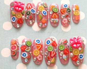 Long nails, fruit nail, 3D nails, decoden, decora, harajuku, Japanese, jfashion, kawaii nail, pink nail, gyaru nail, nail set