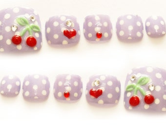 Nails, nail art, deco nails, pastel purple, polka dot, toe nails, cherry nail, 3D nails, pedicure, kawaii nail, acrylic nail, nail set