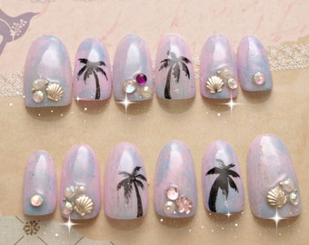 Pastel nails, 3D nails, ombre, tie dye, beach, tropical, ombre nail, Japanese nail art, mermaid nail, palm tree, sea shell, mermaid,