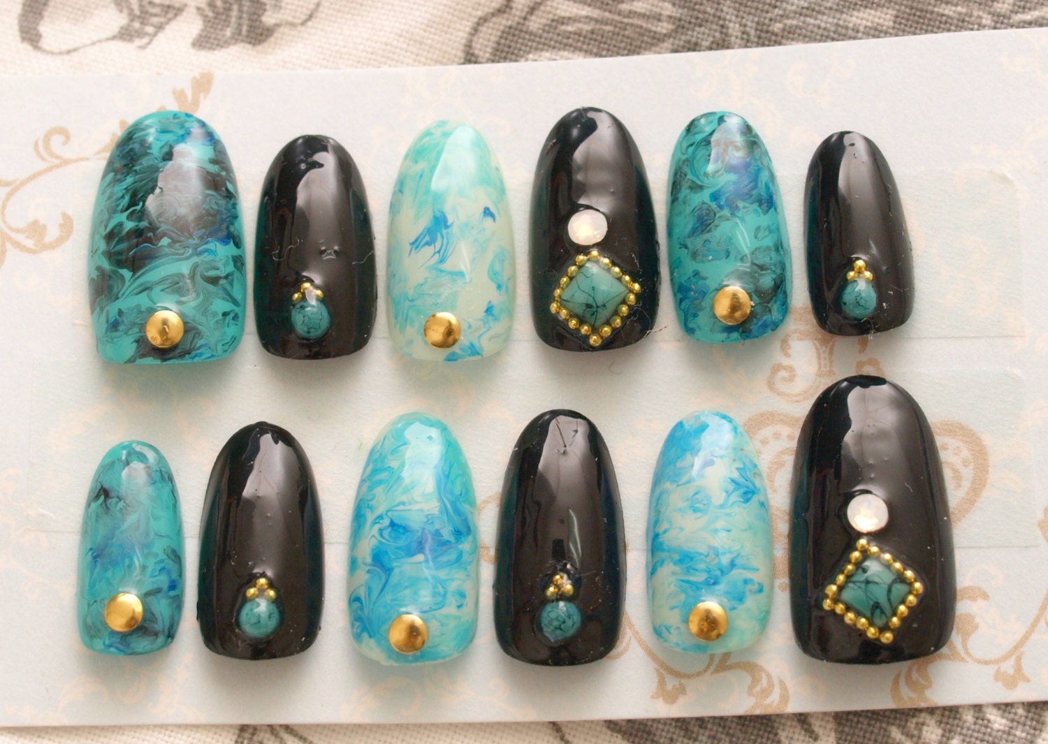 Turquoise nails marble black oval nail gel nail acrylic | Etsy
