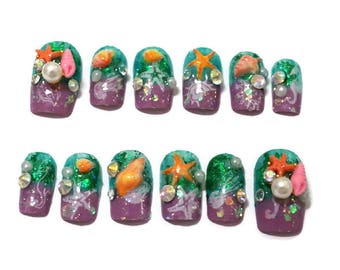 Mermaid nails, kawaii nails, deco nails, 3D nails, false nails, mermaid jewelry, holographic nail, sea jewelry, summer fashion,