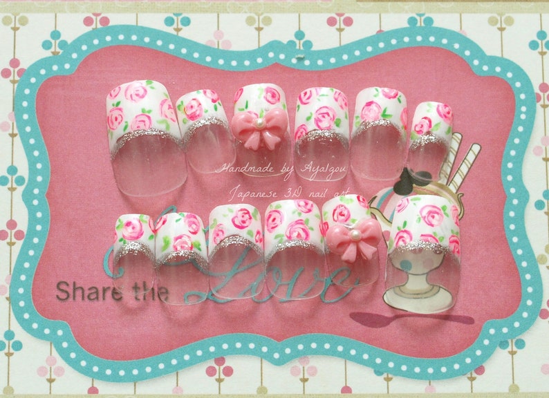 3D nails lolita kawaii white french tips floral print image 2