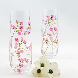 Kirschblüten auf goldenen Zweigen Kristall stammlose Sektflöten, Geschenk zum 50