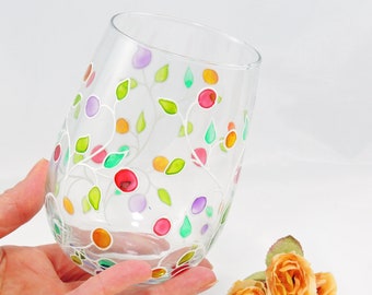 Colorful hand painted stemless wine glass / Spring Floral design