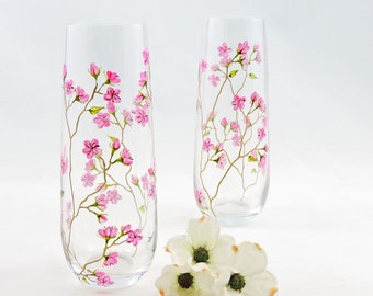 Cherry blossoms on golden branches crystal stemless champagne flutes, 50th Anniversary gift, Wedding bridal hand painted floral glasses