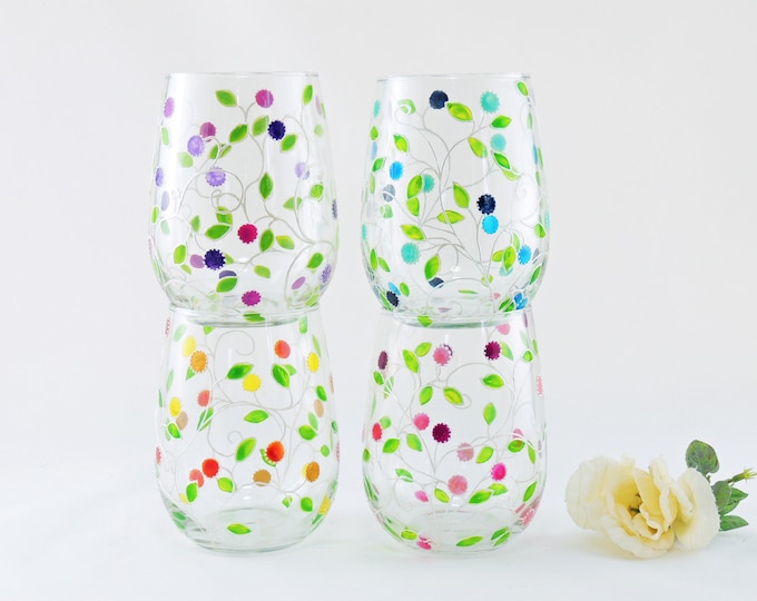 Personalized pretty hand painted stemless wine glass Floral design Spring glassware Lydie Collection Listing is for ONE glass