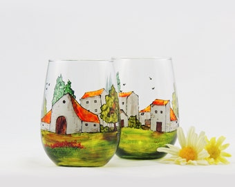 Tuscany wine glasses, Tuscan, Provence, French, France, Italian, Hand painted stemless wine glasses, Set of 2