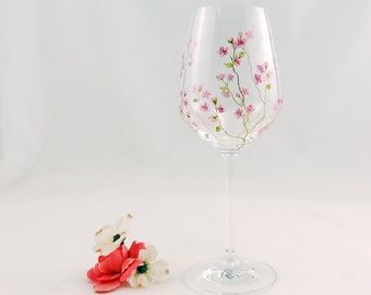 Cherry blossoms stemmed wine glass / Golden branches / Hand painted quality floral glass / Pretty wine glass / Pink flowers / Gift for her