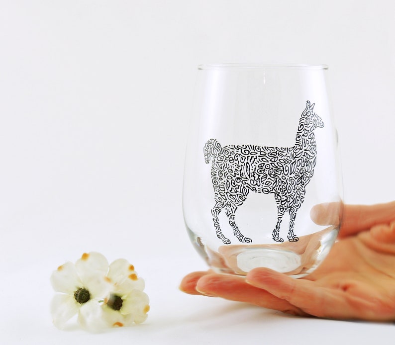 Llama glass / Personalized hand painted llama stemless wine glass / Llama gift / Llama lover / Animal glass image 2