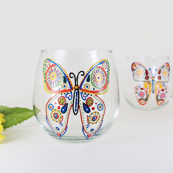 Butterfly hand painted stemless red wine glasses - Set of 2