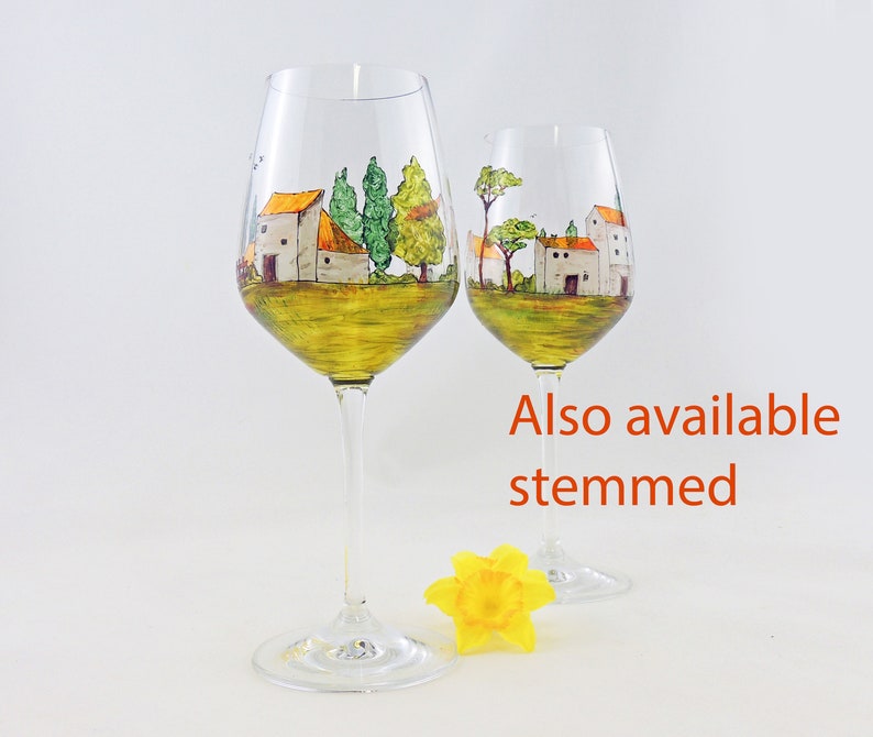 Tuscany wine glasses, Tuscan, Provence, French, France, Italian, Hand painted stemless wine glasses, Set of 2 image 6