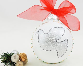 Love Peace Dove Wedding or Engagement ornament - Hand painted personalized custom glass ball - Christmas ornament - Wedding gift