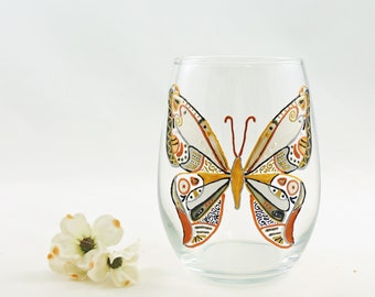 Custom hand painted gold and metallic colors butterfly stemless wine glass - One-of-a-kind personalized glassware - Large wine glass - OOAK