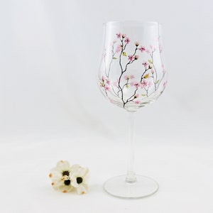 Cherry blossoms wine glass / Personalized hand painted floral glass / Pretty wine glass / Pink flowers / Gift for her
