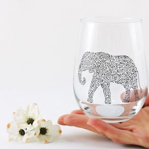 Personalized hand painted elephant stemless wine glass / Mandala wildlife glass / Gift for elephant lover / African safari animal glassware