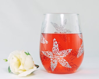 Starfish stemless wine glass, Silver sea star, Personalized Beach Ocean Nautical Summer Seashore Tropical Hand painted, OOAK