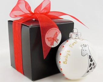 Baby's first Christmas giraffe ornament - Hand painted beautiful glass ball - Custom personalized