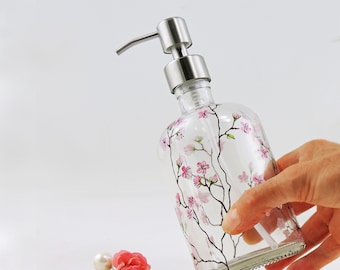 Cherry blossoms hand painted clear glass soap dispenser / Sustainable bottle / Gift for her