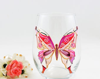 Pink butterfly glass / Hand painted large stemless wine glass / Personalized / Butterfly glassware / OOAK