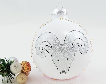 Ram Sheep Aries Zodiac sign Astrology Horoscope hand painted glass ornament - Baby's First Christmas - Personalized Christmas bauble