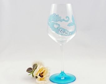 ONE custom personalized mermaid hand painted stemmed wine glass - Seashore, nautical, beach house barware - Sea Glass Collection