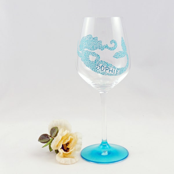 ONE custom personalized mermaid hand painted stemmed wine glass - Seashore, nautical, beach house barware - Sea Glass Collection