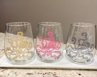 Hand Painted Octopus Stemless Wine Glass, Nautical Decor, Beach Themed glassware - ONE glass