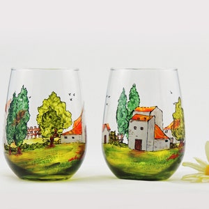 Tuscany wine glasses, Tuscan, Provence, French, France, Italian, Hand painted stemless wine glasses, Set of 2 image 2