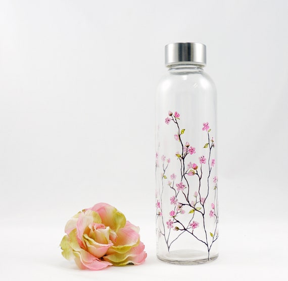 Cherry Blossoms Hand Painted Glass Water Bottle / Reusable Etsy