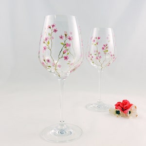 Cherry blossoms stemmed wine glasses / Golden branches / Hand painted quality pretty floral glasses / Pink flowers / Gift for her