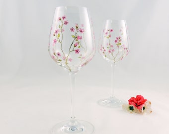 Cherry blossoms stemmed wine glasses / Golden branches / Hand painted quality pretty floral glasses / Pink flowers / Gift for her