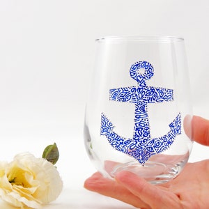 Nautical Anchor Sailing Coastal wine glass - Hand painted stemless wine glass - Gift for him - Father&#39;s Day gift - Boat owner