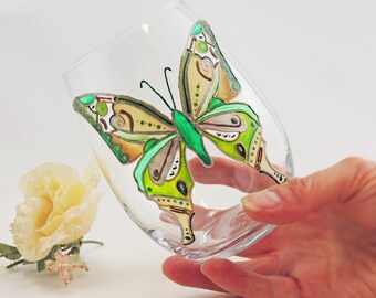 Customized Hand Painted Green Butterfly Stemless Wine Glass - Spring glassware - One-of-a-Kind Personalized Gift - OOAK