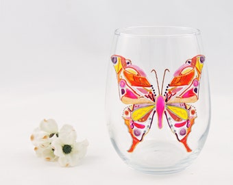 Orange and pink butterfly glass / Hand painted large stemless wine glass / Personalized / Butterfly glassware / OOAK