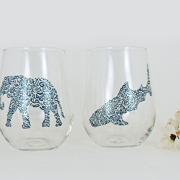 Elephant and whale shark glasses - Hand painted stemless white wine glasses - Set of 2 - Safari Collection