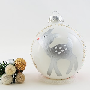 Cute fawn deer doe baby's first Christmas ornament Hand painted custom personalized glass ball image 1