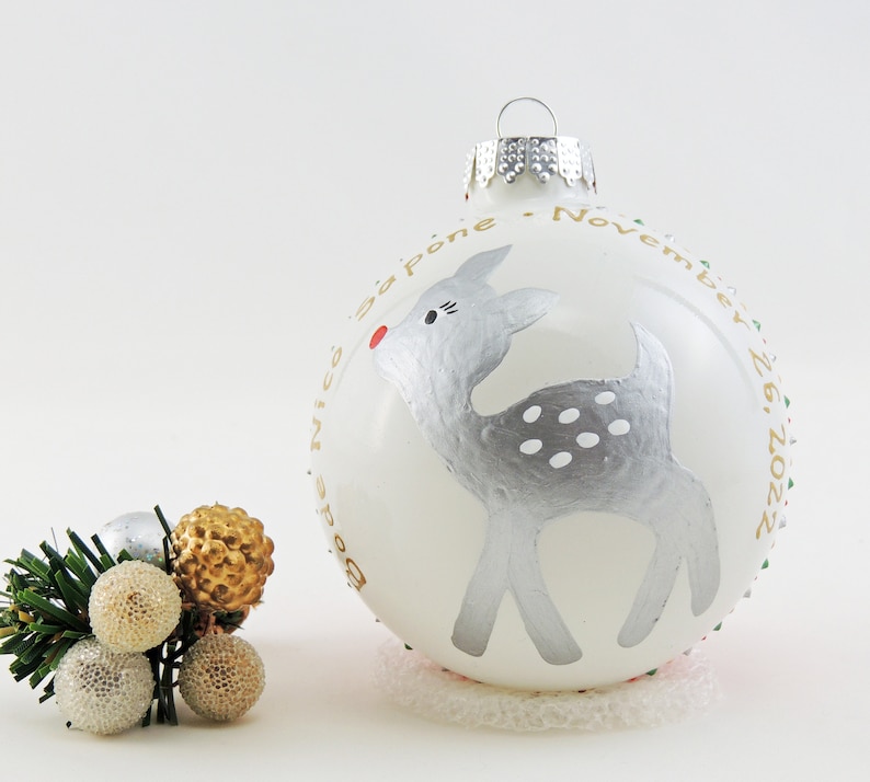 Cute fawn deer doe baby's first Christmas ornament Hand painted custom personalized glass ball image 1