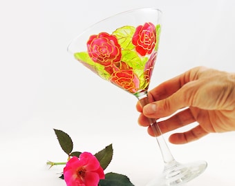 Martini glass with red and pink roses / Hand painted floral cosmopolitan cocktail glass / Cottage Garden decor / Gift for her