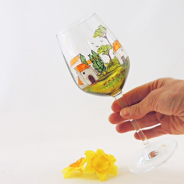 Tuscany or Provence wine glass / Hand painted Italian or French village landscape stemmed wine glass