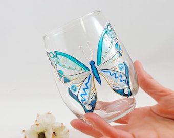 Turquoise butterfly glass / Hand painted large stemless wine glass / Personalized / Fancy butterfly glassware / OOAK